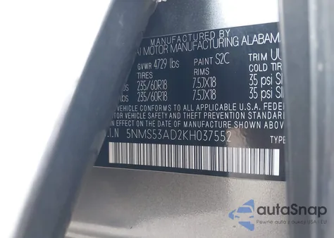 2019 Hyundai Santa Fe Limited из США, поврежденный, VIN 5NMS53AD2KH037552